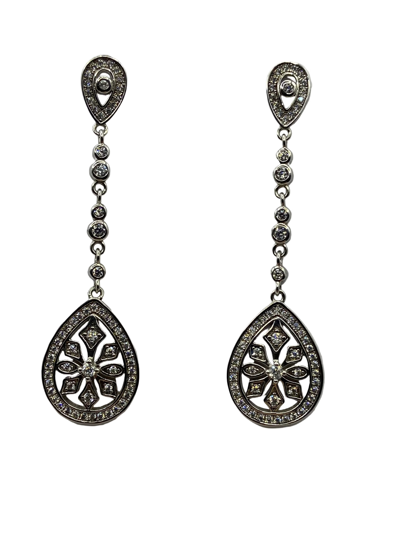 Sterling Silver Art Deco Snowflake Drop Earrings